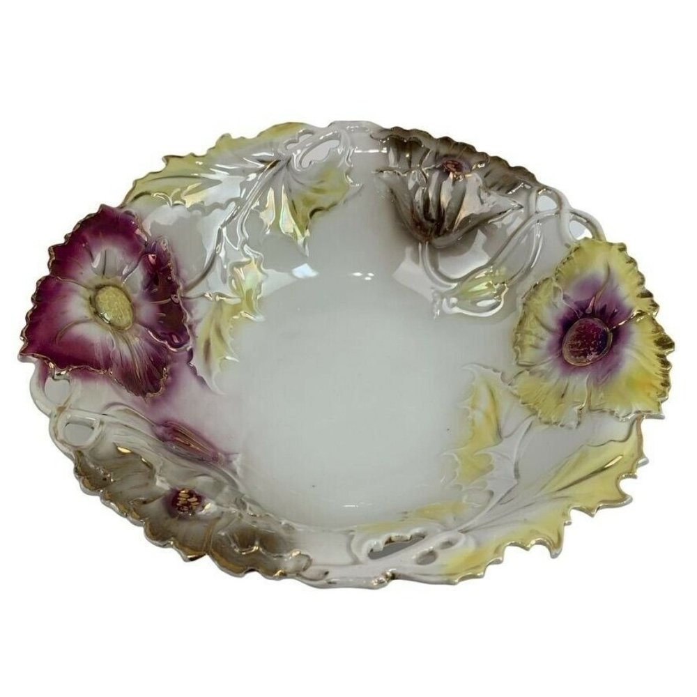 Vintage JPF Germany Serving Bowl 10" Floral‎ Gilded Textured Cottagecore Veggies